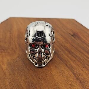 Terminator Skeleton Head Ring Silver Tone Cosplay Costume Men's Size 12.5